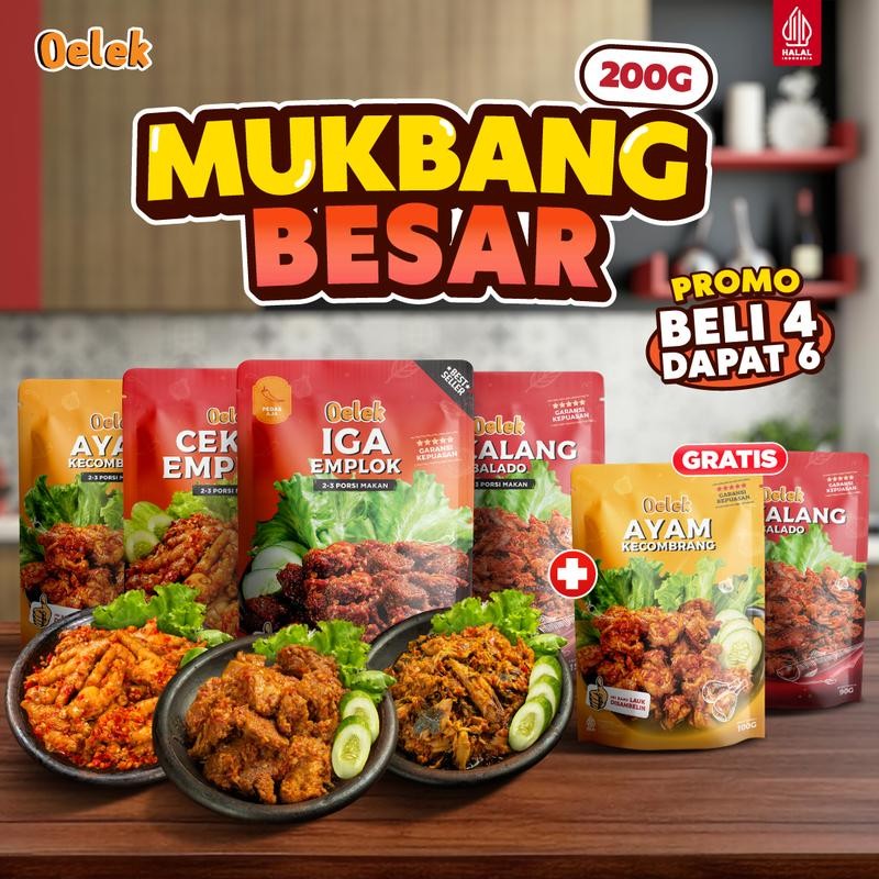 

[DAPAT 6 Pcs] Oelek Paket Mukbang Besar 4 Lauk 200gr (Beli 4 Dapat 6) Lengkap Oelek Semua Varian Ukuran Besar / Lauk Siap Saji Ayam Cumi Cakalang Iga Ceker Sambal