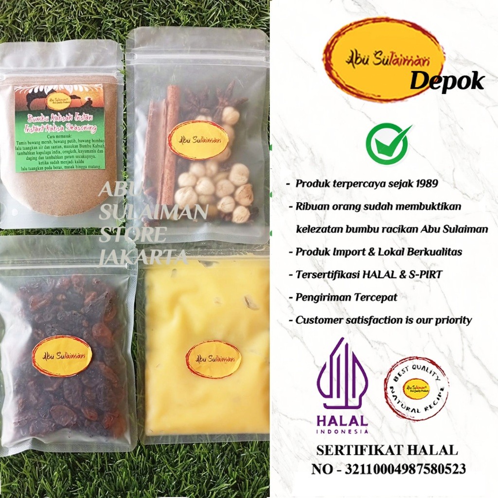 

BUMBU LENGKAP LEBIH HEMAT ABU SULAIMAN KABSAH INSTANT/ EKSTRA REMPAH KISMIS DAN MINYAK SAMIN UNTUK 1 KG BERAS