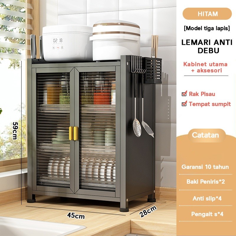 NEW Lemari Piring Stainless Steel dengan Rak Piring Laci Rak Piring Tahan Debu Lemari Piring Dapur P