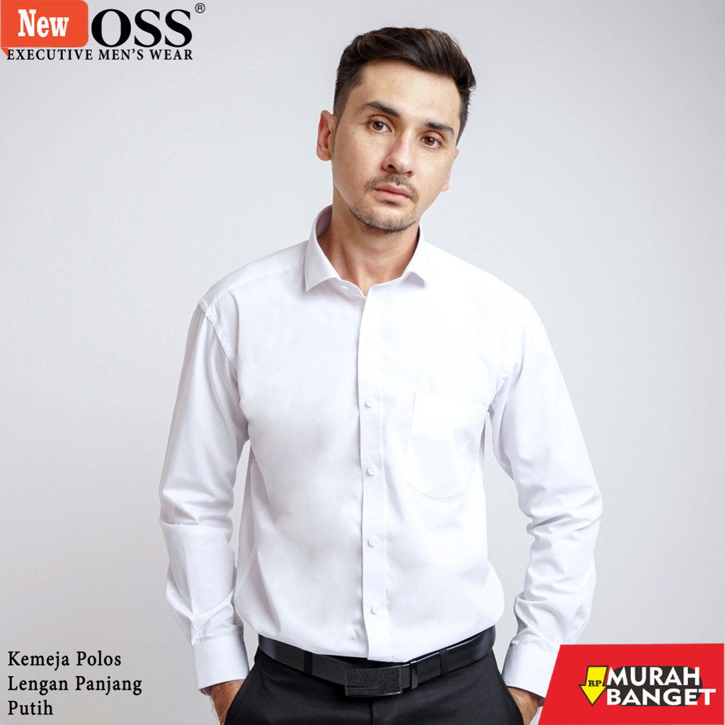 Kemeja formal pria BOSS Kemeja Polos Pria Lengan Panjang Putih
