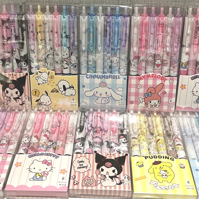 

Sanrio Hello Kitty 6pcs Series Gel Pen 0.55mm Refill Y2k Cinnamoroll Kuromi MelodyCartoon Press Pen Black Stationery Supplies