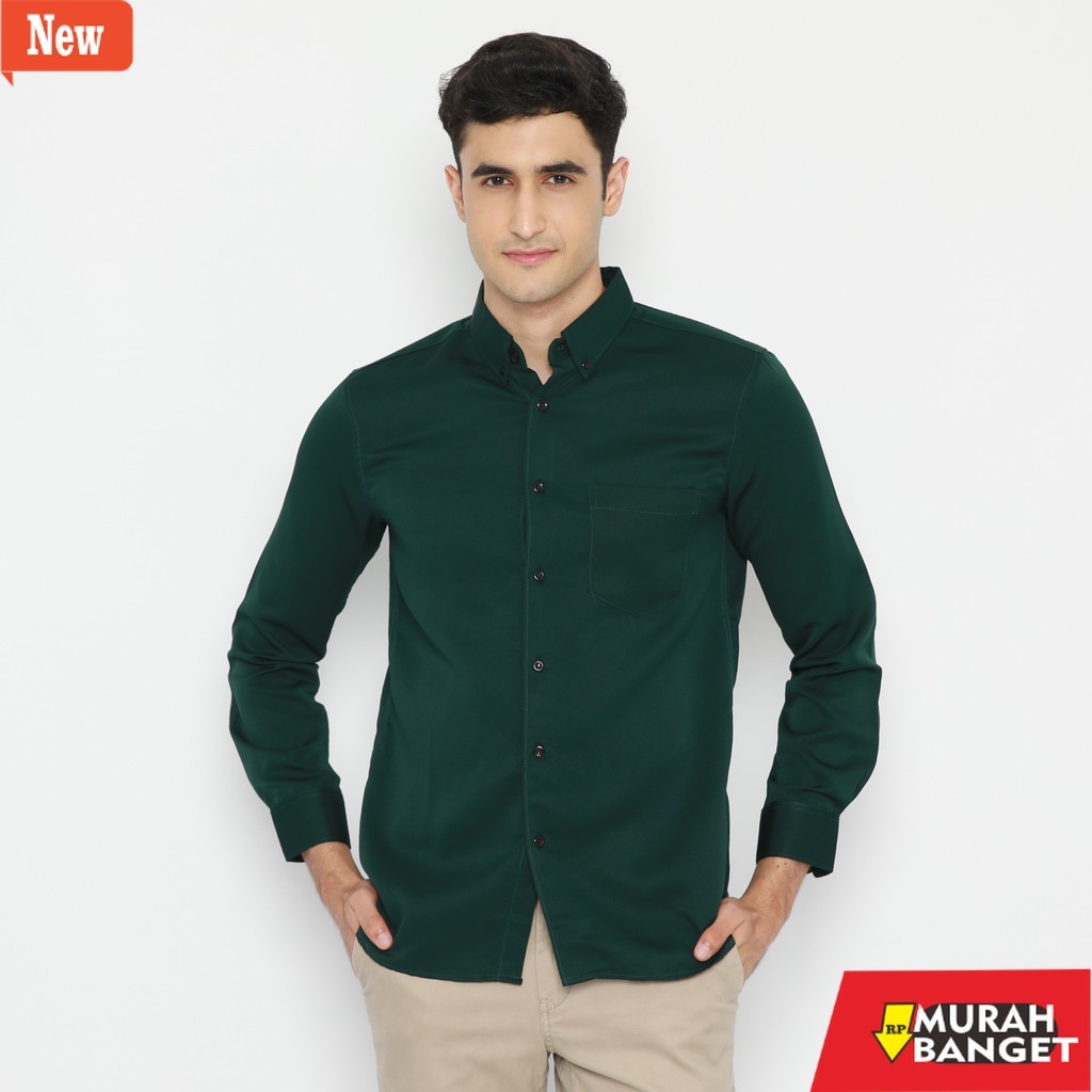 Kemeja formal pria Platini Kemeja Pria Polos Lengan Panjang Polinosic Hijau Tua 66234