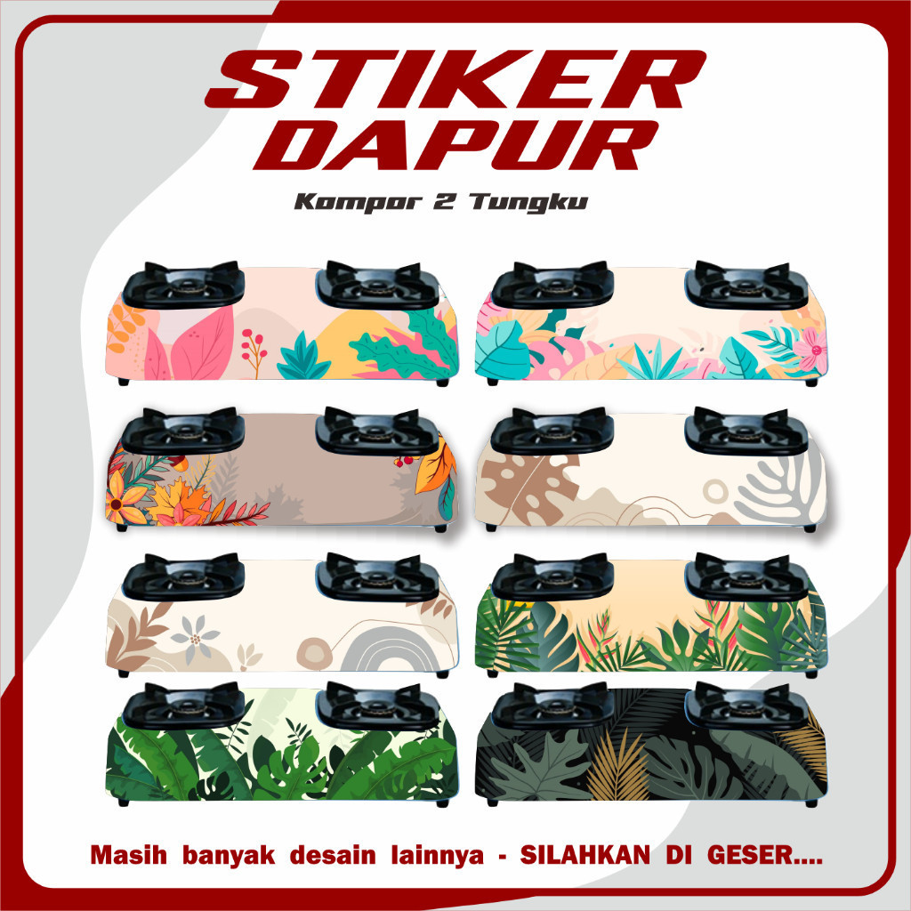 Wallpaper Kompor / Stiker Kompor / Sticker Kompor 2 Tungku Motif Daun Pink Hijau A5