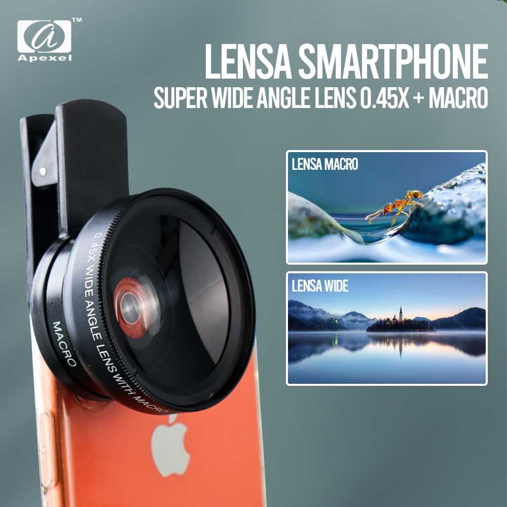 NEW!!! APEXEL Lensa Super Wide Angle Lens 0.45X + Macro Smartphone / Lensa Pembesar 12.5X Camera HP
