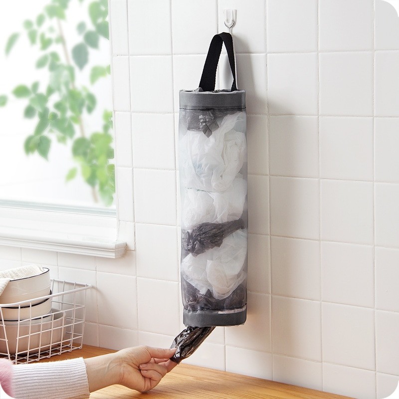 

1pc Grey Sundries Bag Storage Wall Mount Mesh Plastic Bags Dispenser Hanging Reused Storage Pouch Trash Bags Kitchen Garbage Org