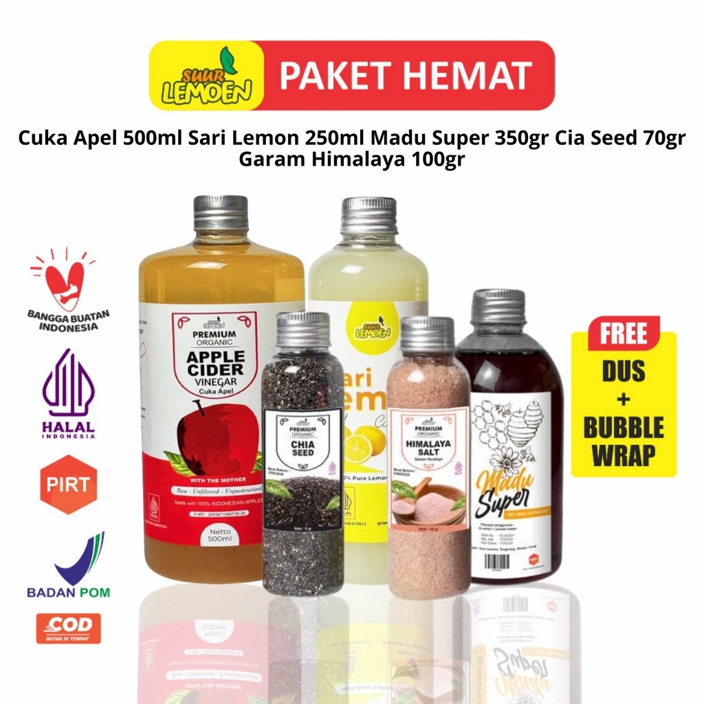 

Paket Diet Detox Alami 5N1- Paket Hemat Cuka Apel, Sari Lemon, Chia Seed, Madu Hutan, Garam Himalaya