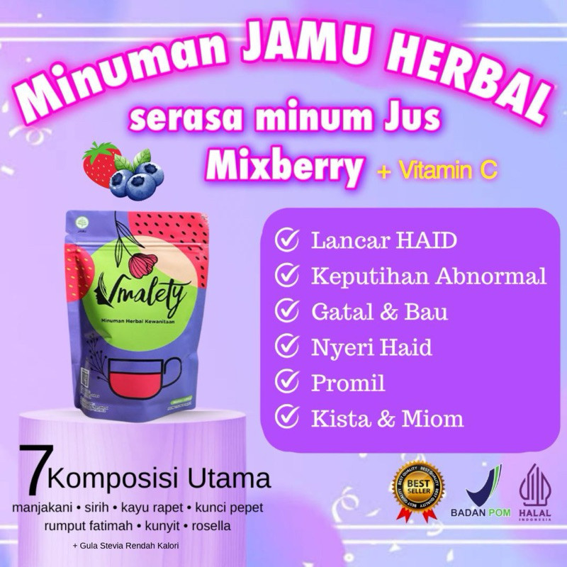 

Vmalety - Minuman serbuk herbal kewanitaan rasa mixberry | Lancar Haid | Anti nyeri haid | keputihan | promil | dan masalah kewanitaan lainnya