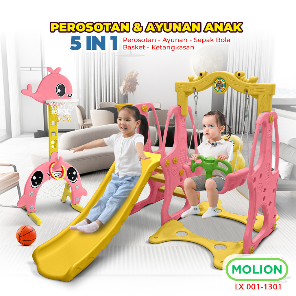 MOLION Mainan Perosotan Ayunan Tiang Basket Free Bola Prosotan Anak Playground Lengkap M1301 5 In 1