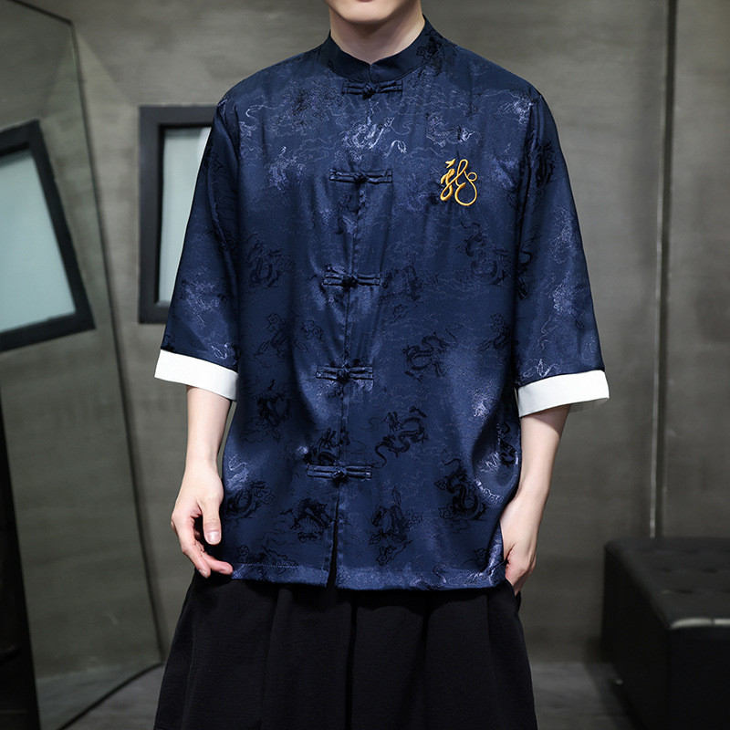 Cheongsam Pria Imlek Hanfu Atasan Kemeja Bordir Bigsize Sutra Es