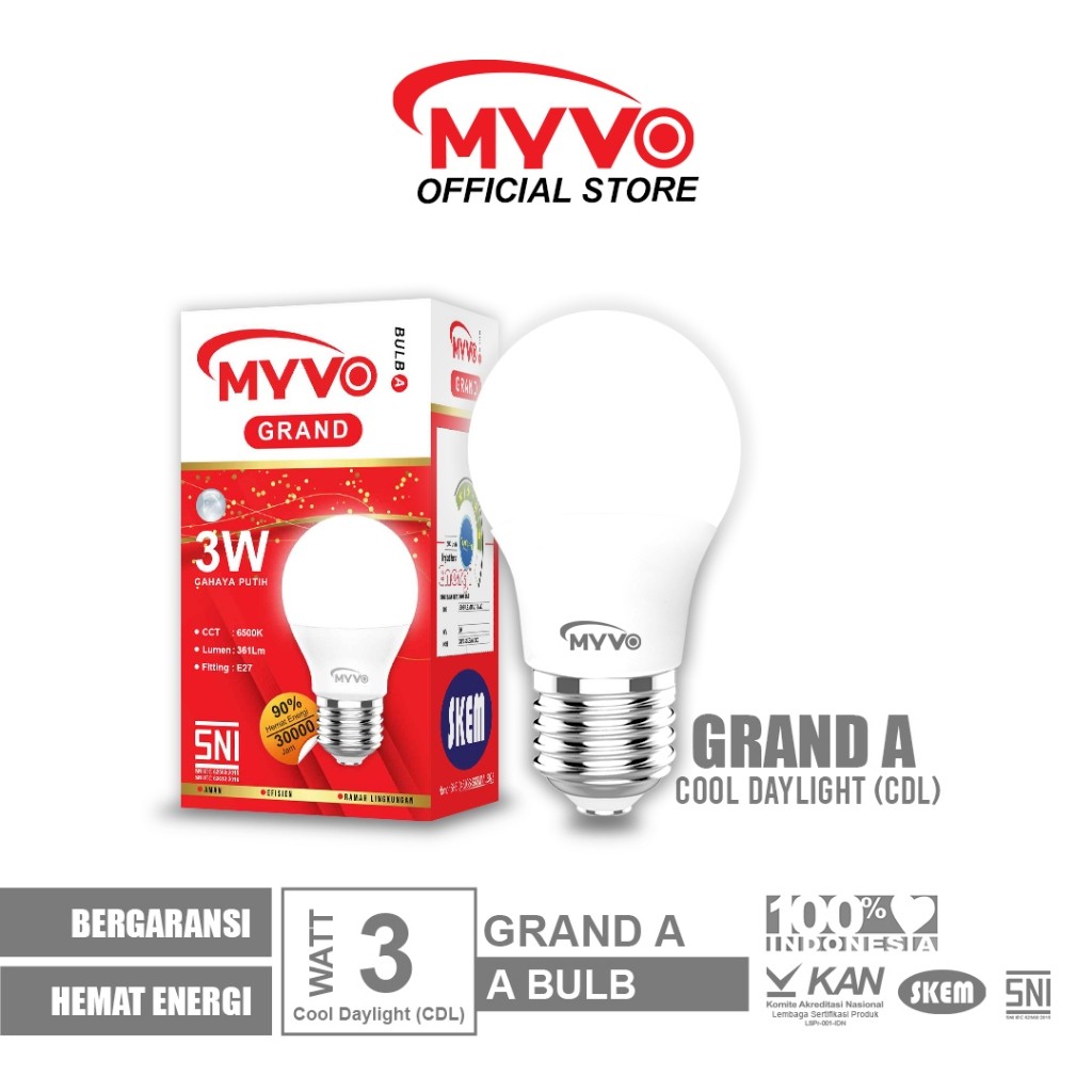 Lampu MYVO MYVO Lampu LED Grand A 3 Watt Bohlam Cahaya Putih Garansi Terbaik