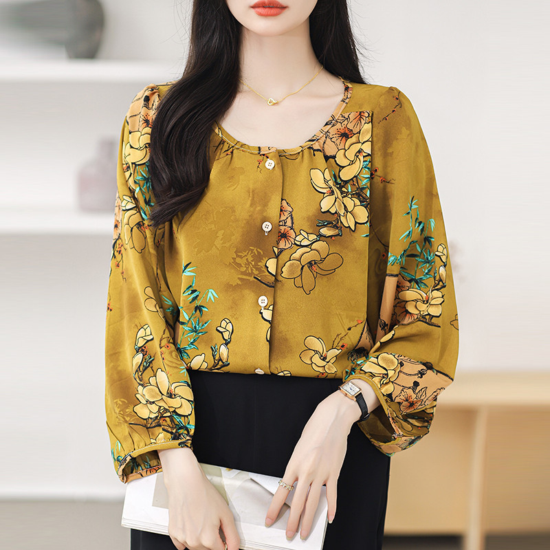 Fashion Thailand Kemeja Wanita Sifon Lengan Panjang Longgar Warna Kuning Blus Pantai Kasual