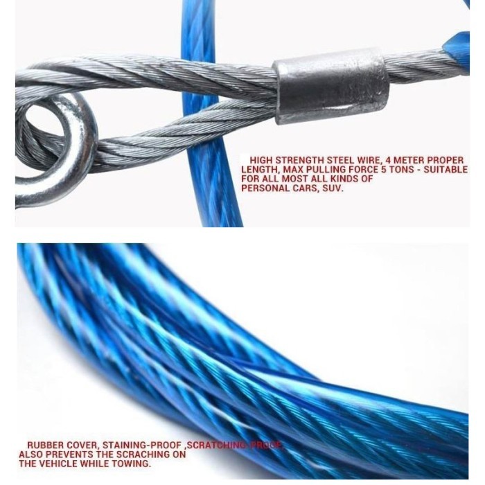 Automobile Wire Tow Rope 5 Meter-Tali Derek Penarik Mobil Kawat Baja - BiruDijamin Ori
