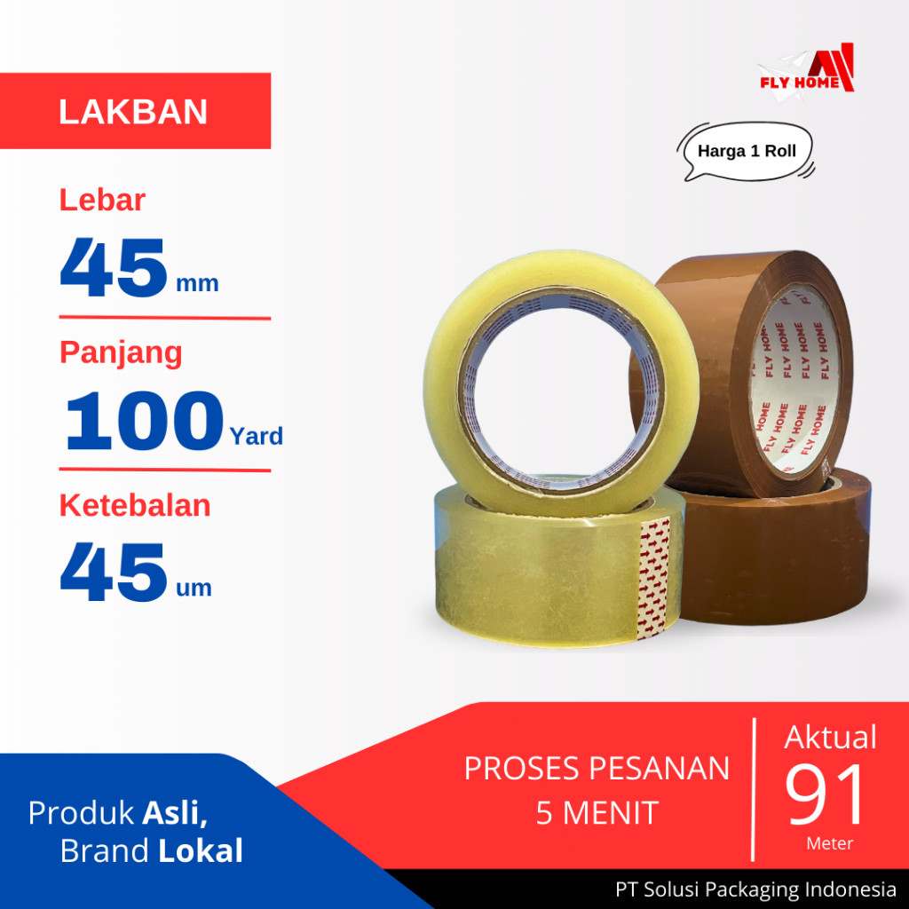 

Flyhome Lakban Bening Coklat 100yard 91METER 2inci 45x100 1rolls Jumbo 2inchi