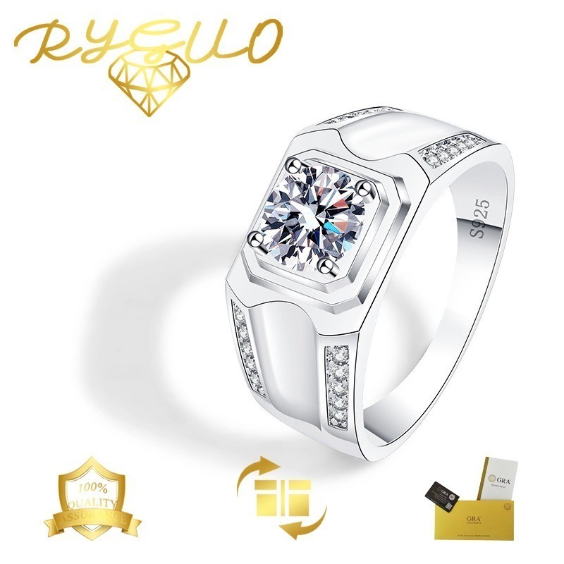 RYGUO Cincin Dominan Pria Emas Putih 18K Moissanite