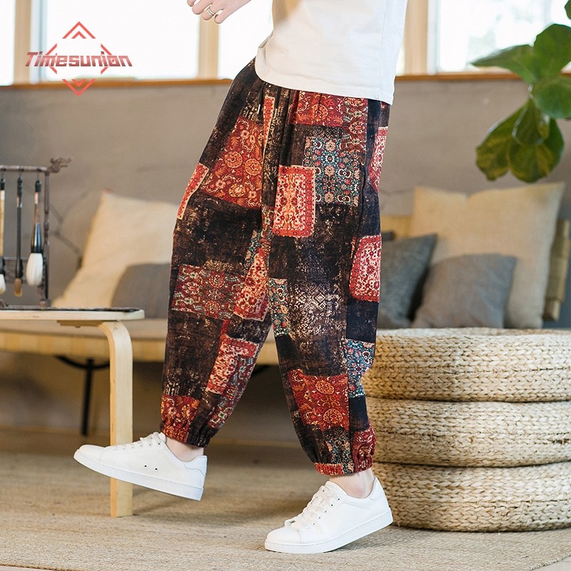 Men Harem Pants Joggers Printed Drawstring Drop-Crotch Trousers Men 2025 Summer Loose Streetwear Cot