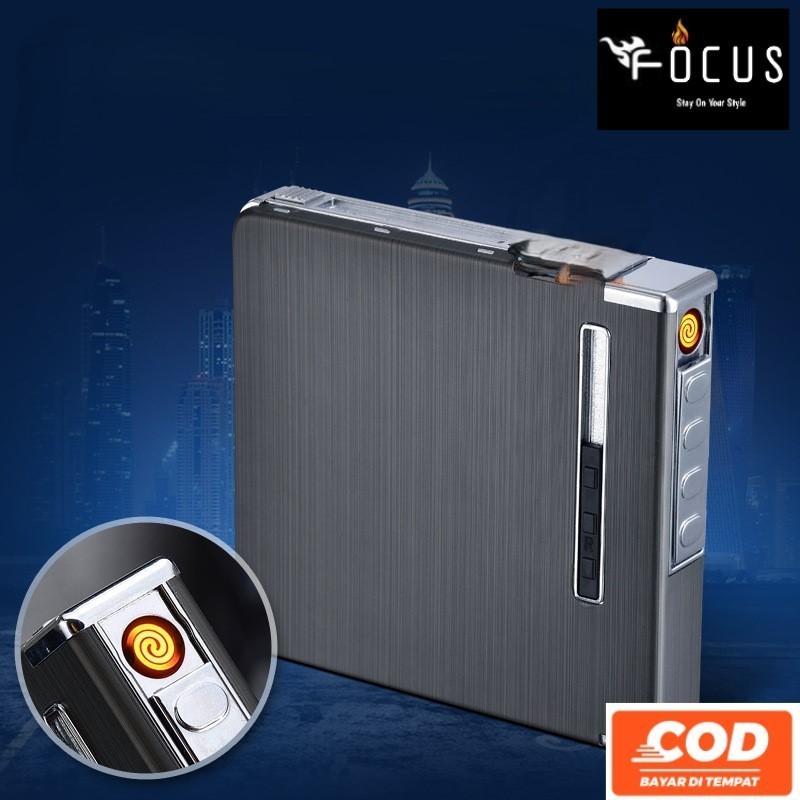 Firetric Kotak Tempat Rokok Aluminium 20 Slot dengan Korek Elektrik/Wadah Rokok Plus Korek