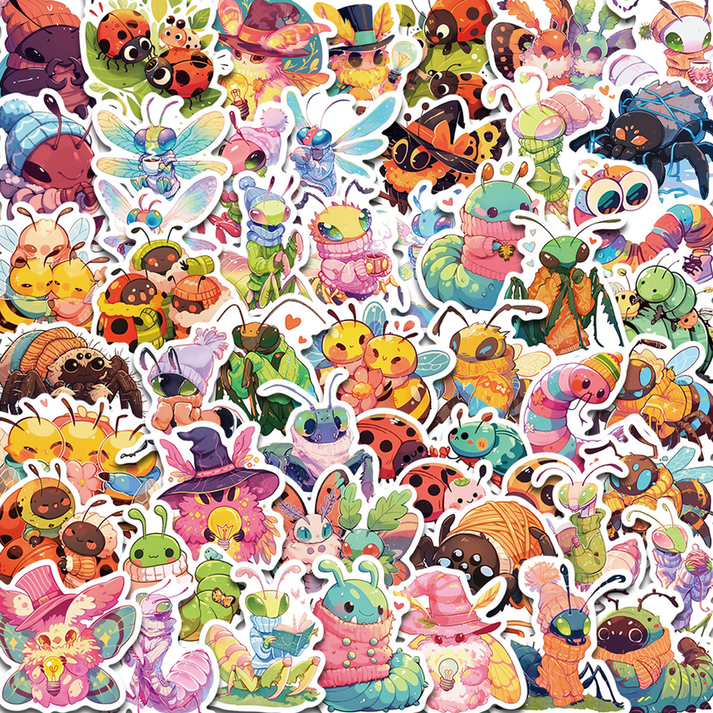 

50PCS Cartoon Cute Insect Collection Graffiti Sticker Waterproof PVC Bee Butterfly Moth Caterpillar Spider Mantis Decoration