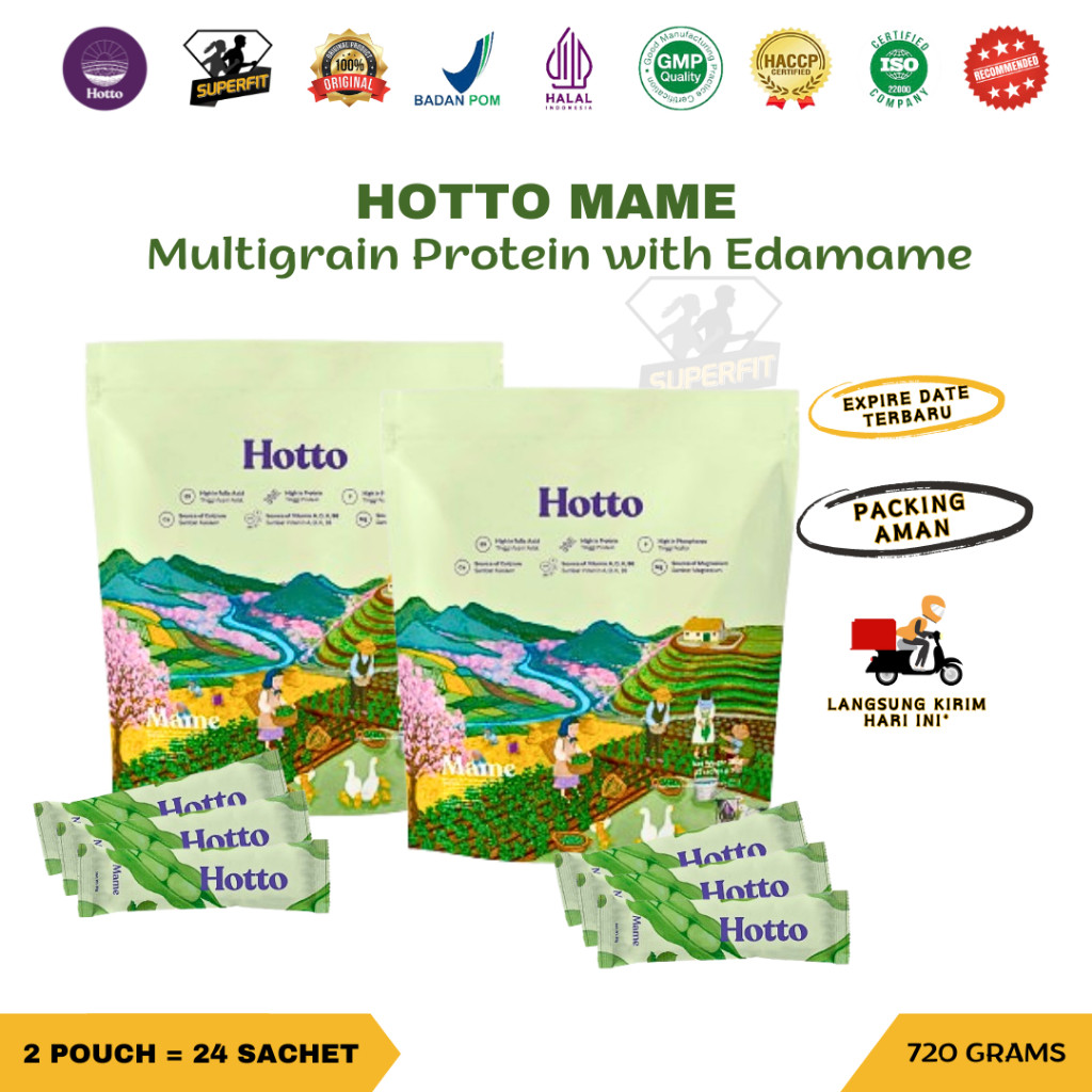 

HOTTO MAME Paket 2 Pouch / 24 Sachet Multigrain Protein with Edamame Isolate Whey Prebiotik Oat Beta Glucan Diet Sehat Sereal Kacang Kedelai Jepang Ubi Ungu Purple Potato Organik PURTO Malt Rendah Kalori BPOM HALAL