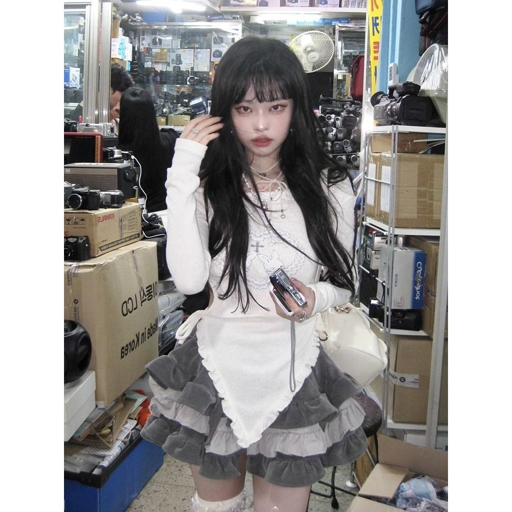 Gaun Rajutan Off-Bahu Lengan Panjang Sub-Ji Gothic Rok Pendek Bulu Murni WanitaDress