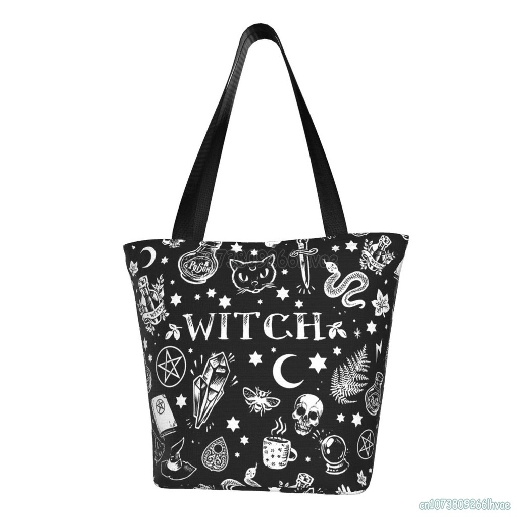 

Halloween Witch Skull Pattern Shopping Bag Evil Horror Reusable Grocery Shopping Tote Bag Storage Handbag Women Shoulder Bag
