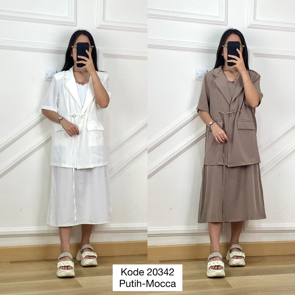 20342 DRESS BLAZER 2IN1 POLOS SPAGHETTI STRAP DRESS V NECK PANJANG MIX BLAZER SATU BUTTON DEPAN VARI
