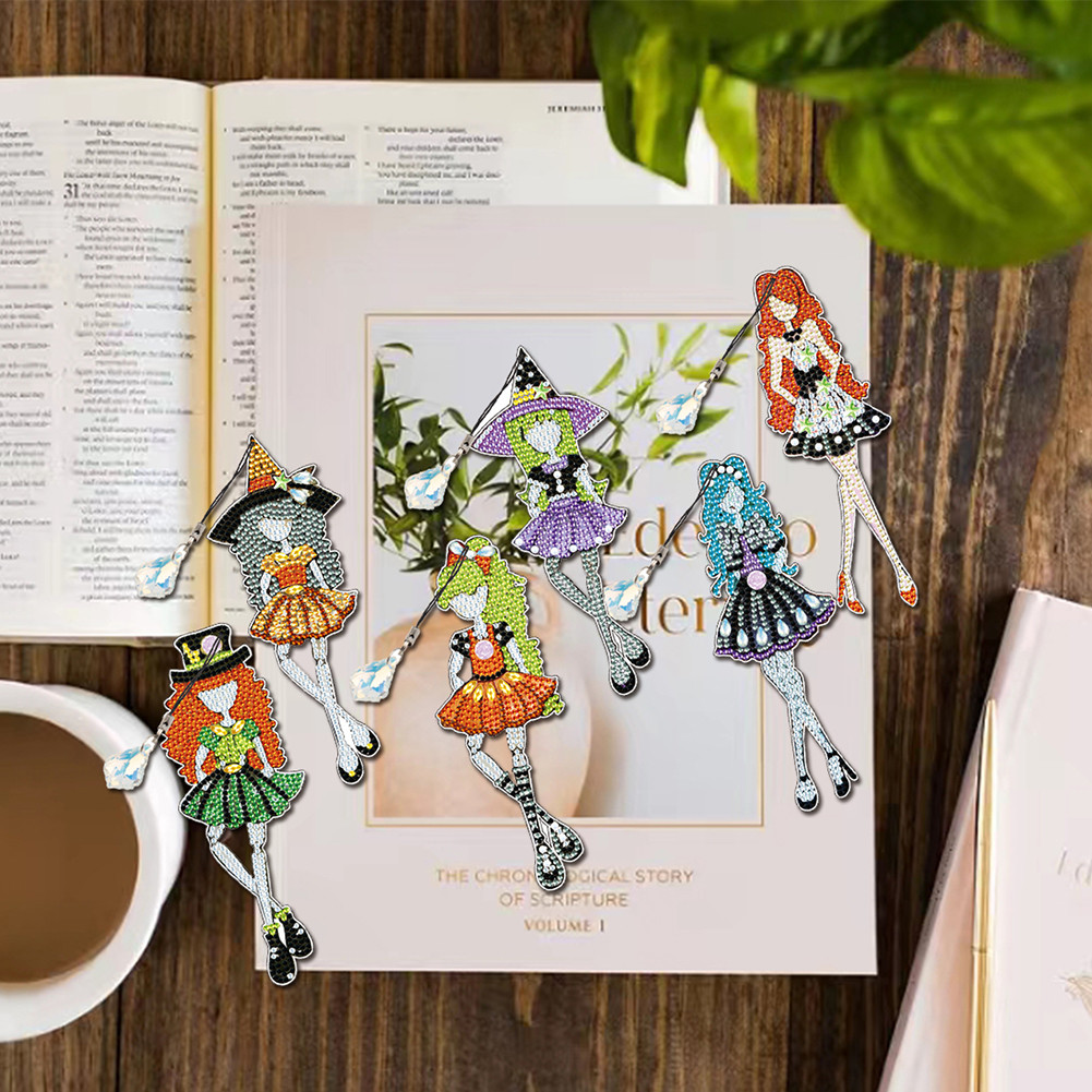 

6pcs Cartoon Little Witch DIY Rhinestone Book Mark Art Craft Diamond Painting Bookmarks Kits for Office School Home Book Lovers