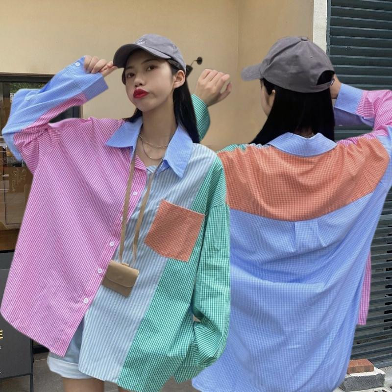 Kemeja Wanita Populer Baru Kemeja Kotak-kotak Gaya Korea Atasan Jaket Lengan Panjang Retro