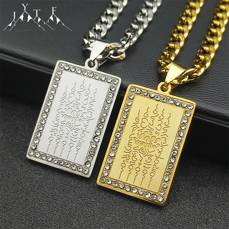 Thailand Scripture Buddhist Plaques Lotus Pendant Necklace for Women Men Stainless Steel Gold Color 