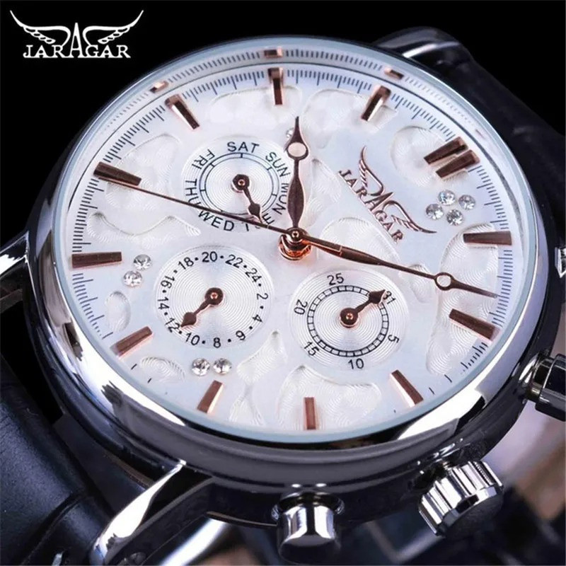 JARAGAR 348 Military Mens Watch multifunction Automatic Mechanical Watches Luxury Leather Strap Spor