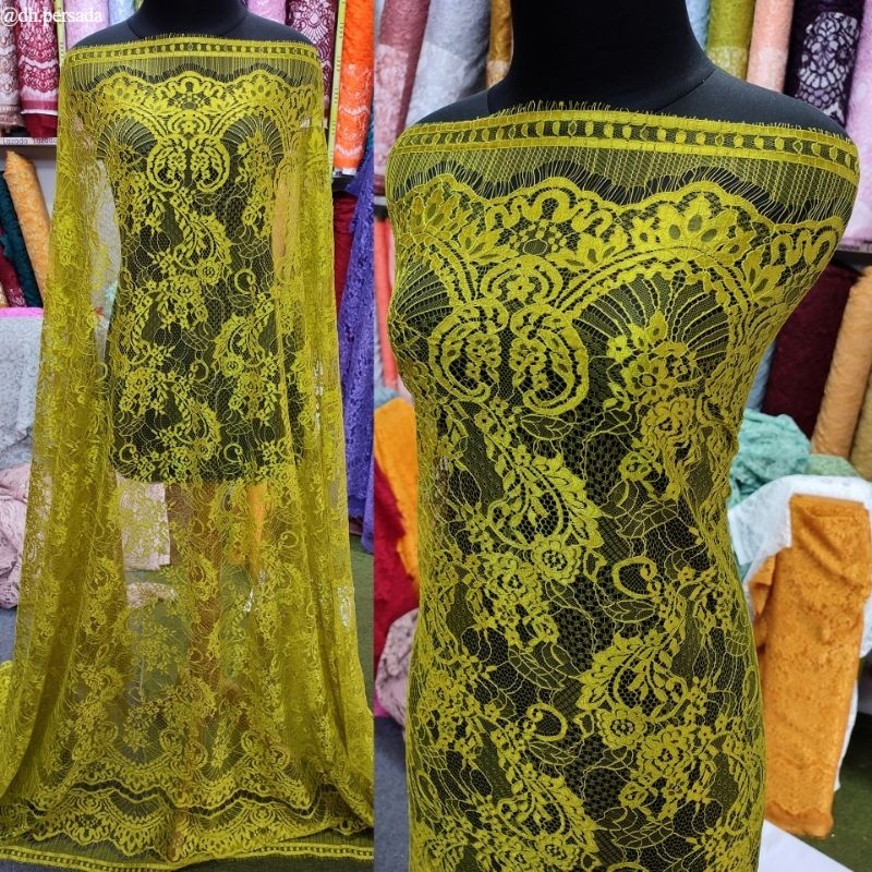 kain brokat semi francis metalik warna hijau lemon bakal kain kebaya semi prancis olive