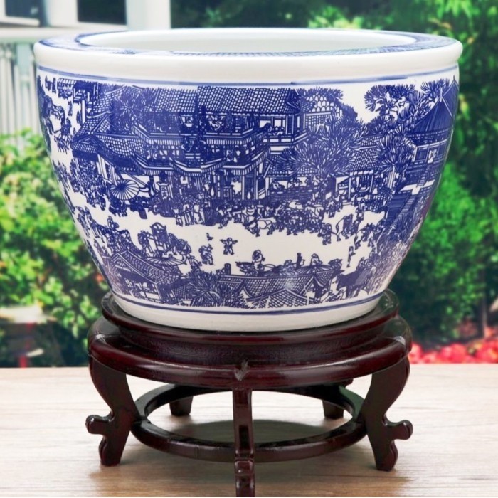 Com / Wadah / Pot Keramik Biru Putih Landscape Kanxi