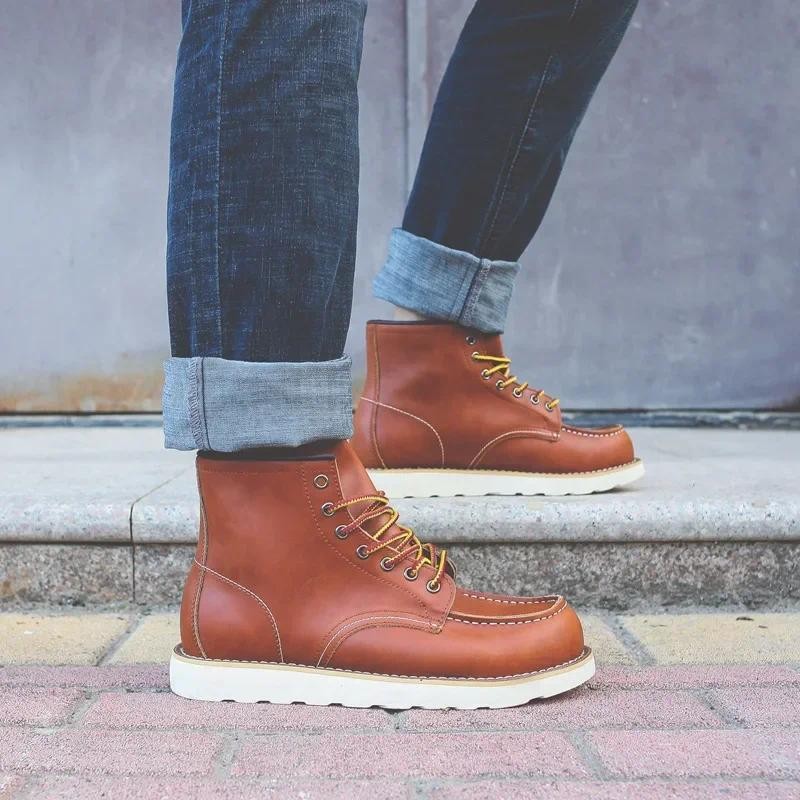 Vintage Lace Up Mark Head Work Boots Yellow Crazy Horse Leather Men's Boots Outdoor High Quality Hik