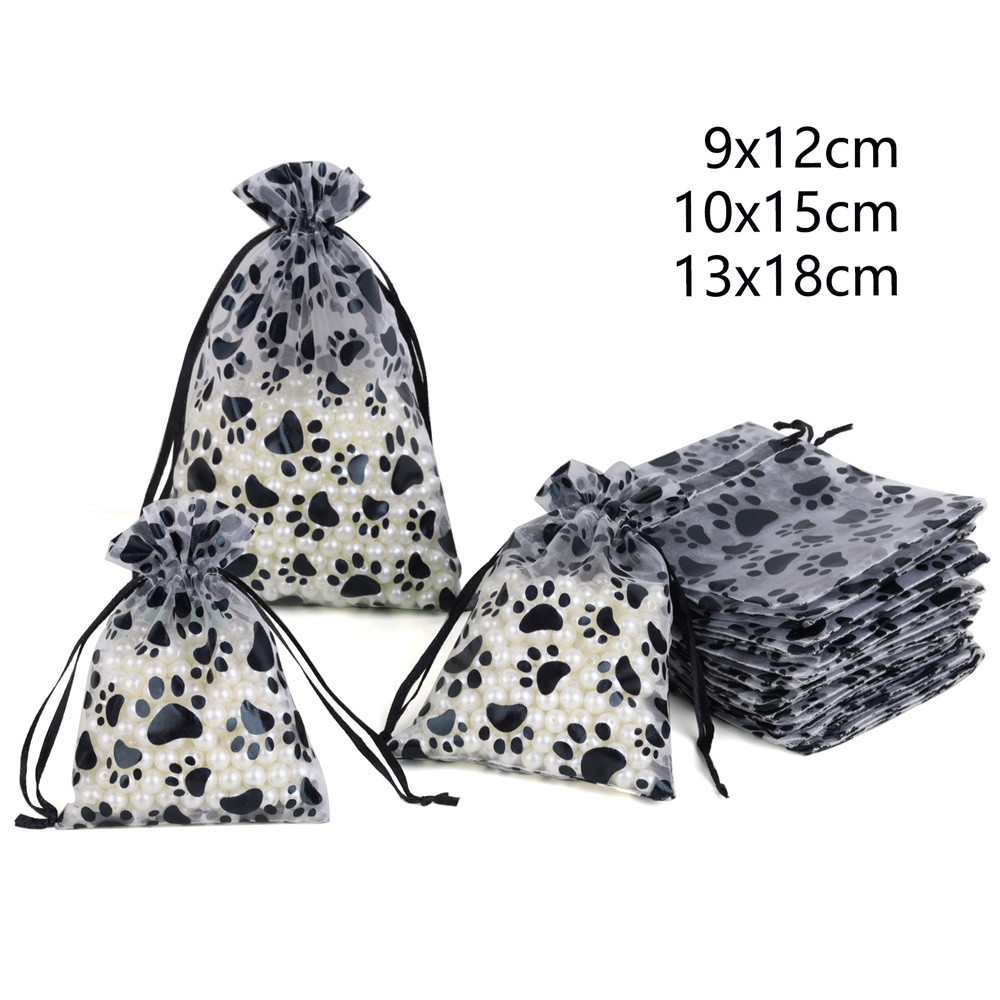 

25 buah/50 buah tas hadiah Organza cetak cakar kucing hitam desain baru 9x12 10x15 13x18cm tas kemasan tali serut perhiasan grosir