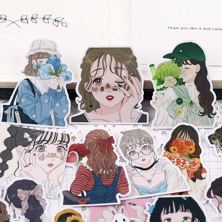 

Stickers 20pcs Hand Account Cartoon Anime Girl Flower Shadow Girl Heart Cute Translucent Decorative Material Stationary