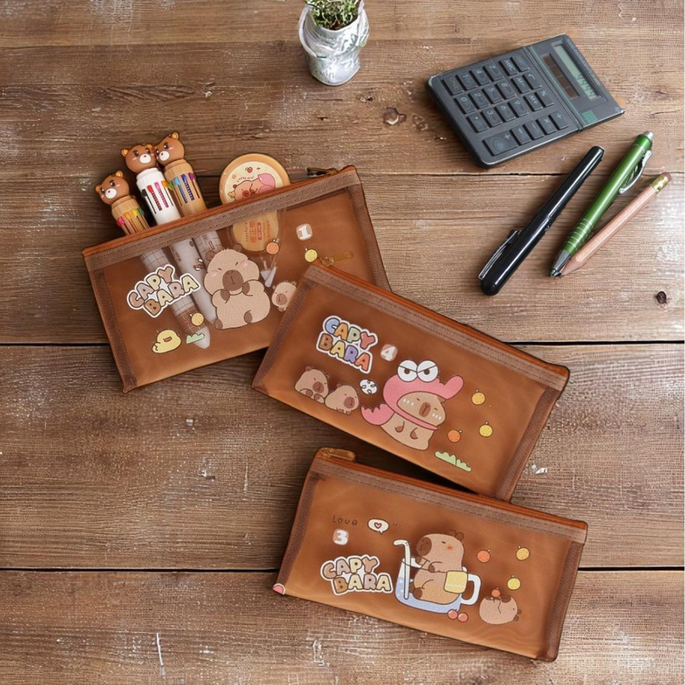 

Tempat Alat Tulis Make Up A6 Serbaguna Transparant Coklat Capybara Mesh Nylon Zipper Pouch JCTP89