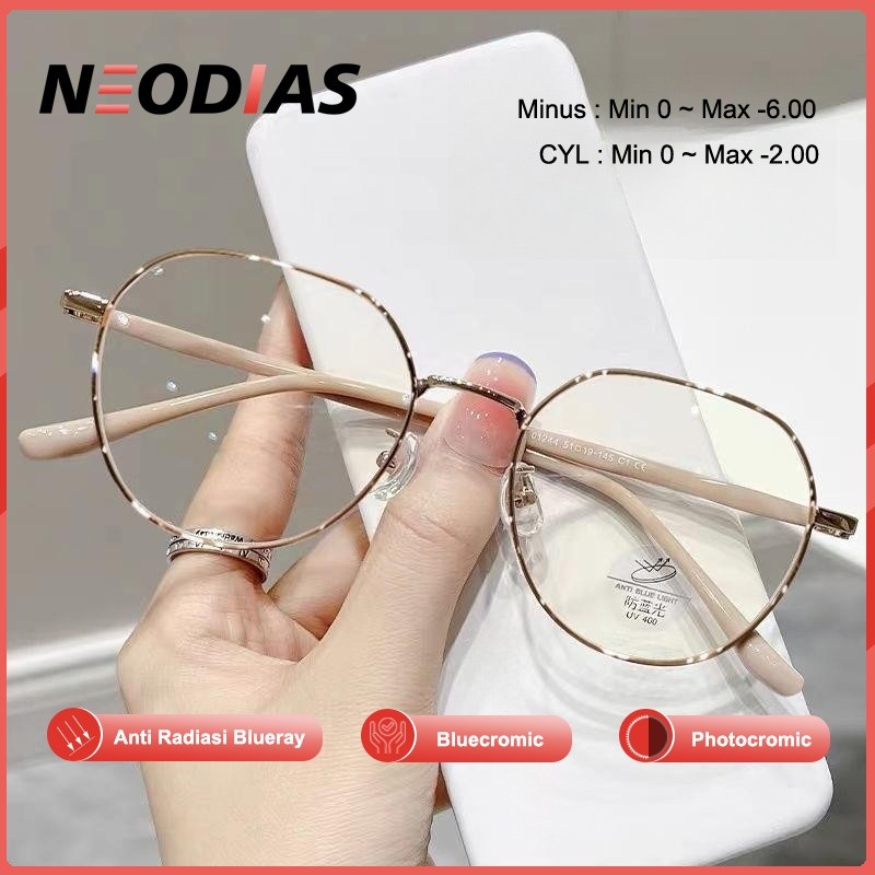 NeoDias Kacamata Bulat Besi Frame Wanita Photocromic Minus Korea Fashion Style Anti Radiasi Kacamata