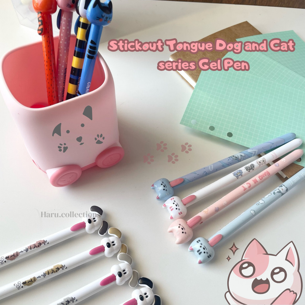 

[HARU] Stickout Tongue Dog and Cat Gel Pen Pena Tekan Pena Lucu Pulpen Aesthetic Gel Mekanik Pulpen Tinta Hit