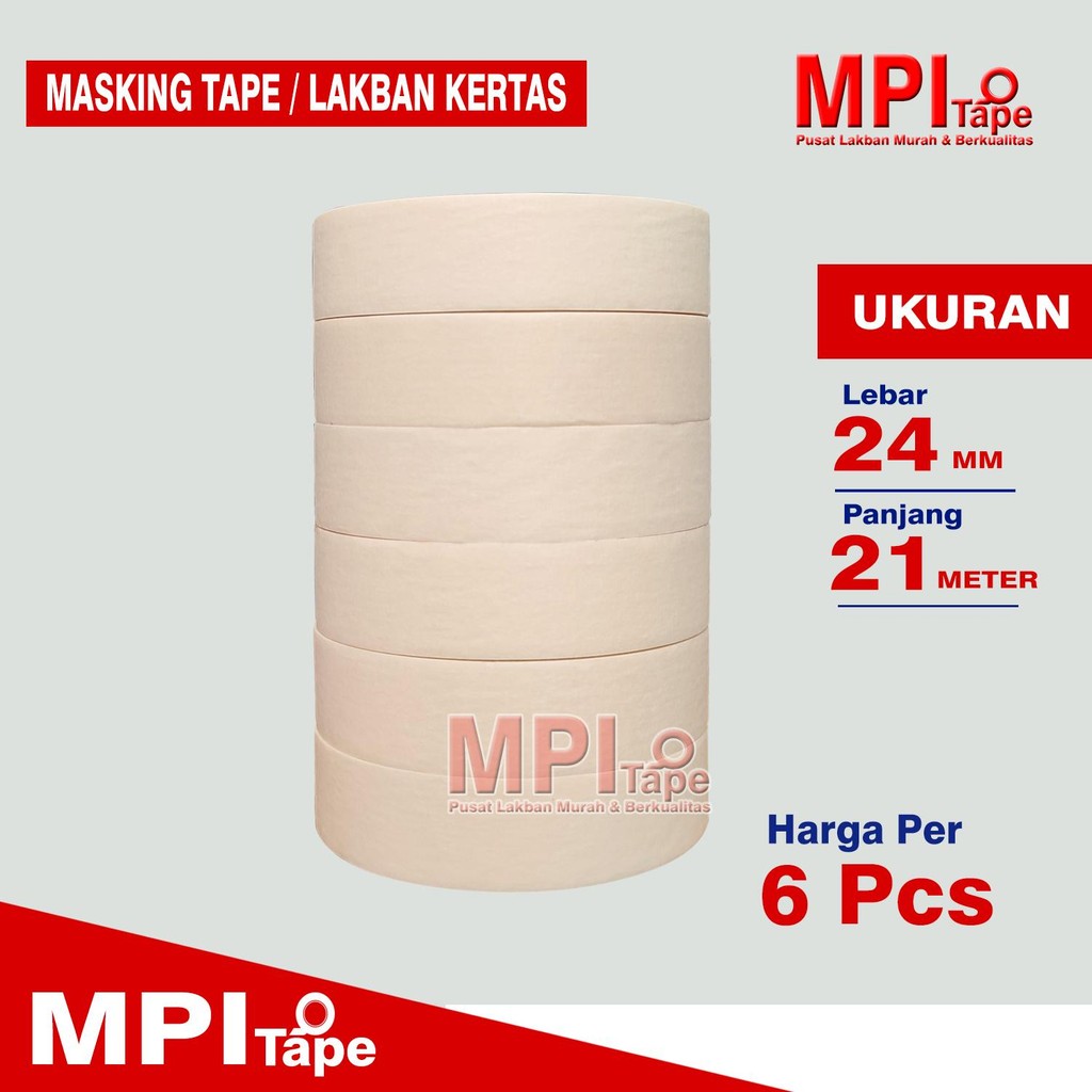 

6 PCS - Lakban Kertas 24 mm x 21 Meter - Mesking Tape 1 Inch - MPI