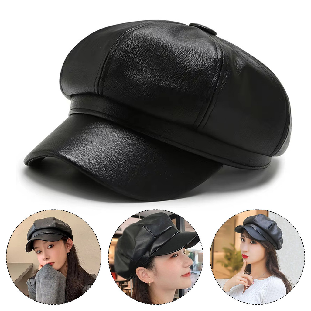 Topi baret wanita Topi baret oktagonal korea Hitam Baret Hat imitasu pu leather