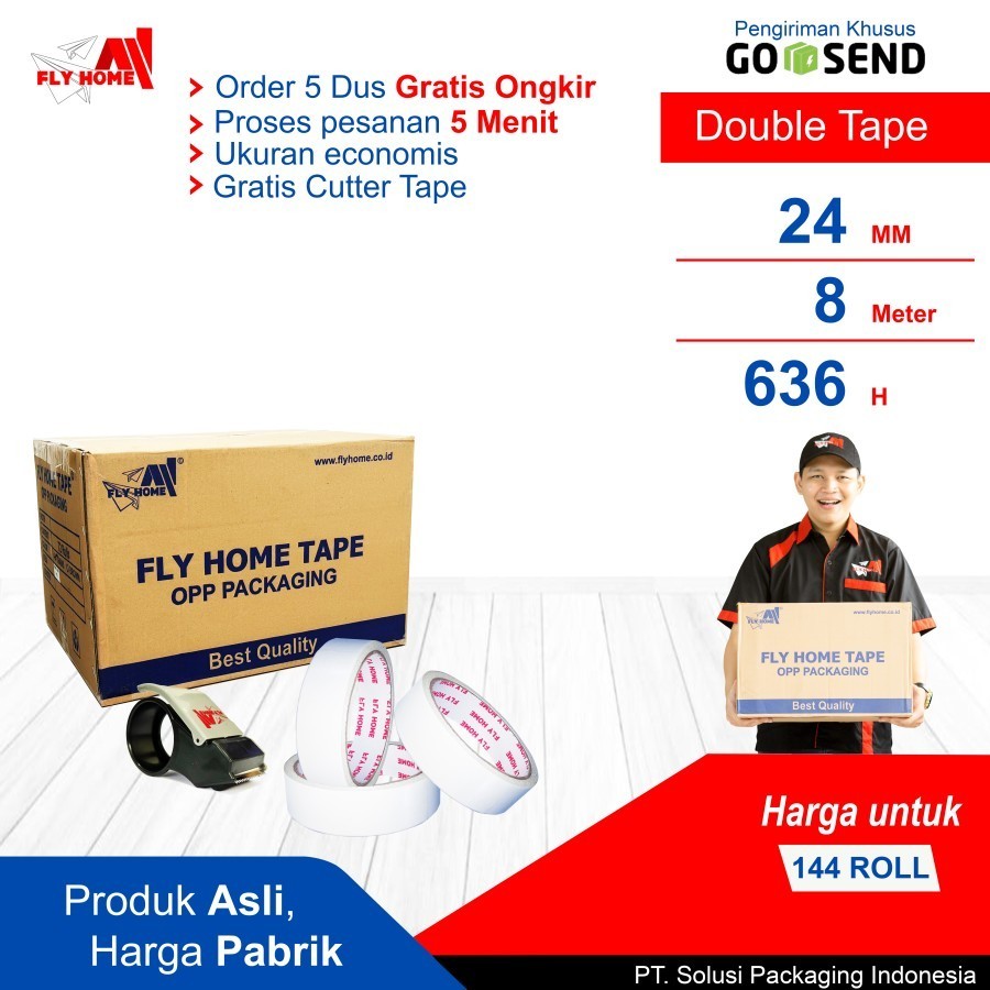 

FLYHOME Double tape 1 dus 24mm x 8meter 144 roll hotmel ukuran full Instan