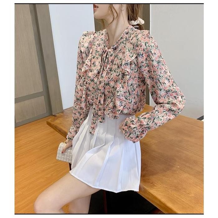 Fashion Korea Style Lengan Panjang Blus Wanita Musim Panas Casual Blouse Motif Bunga Bahan Sifon War