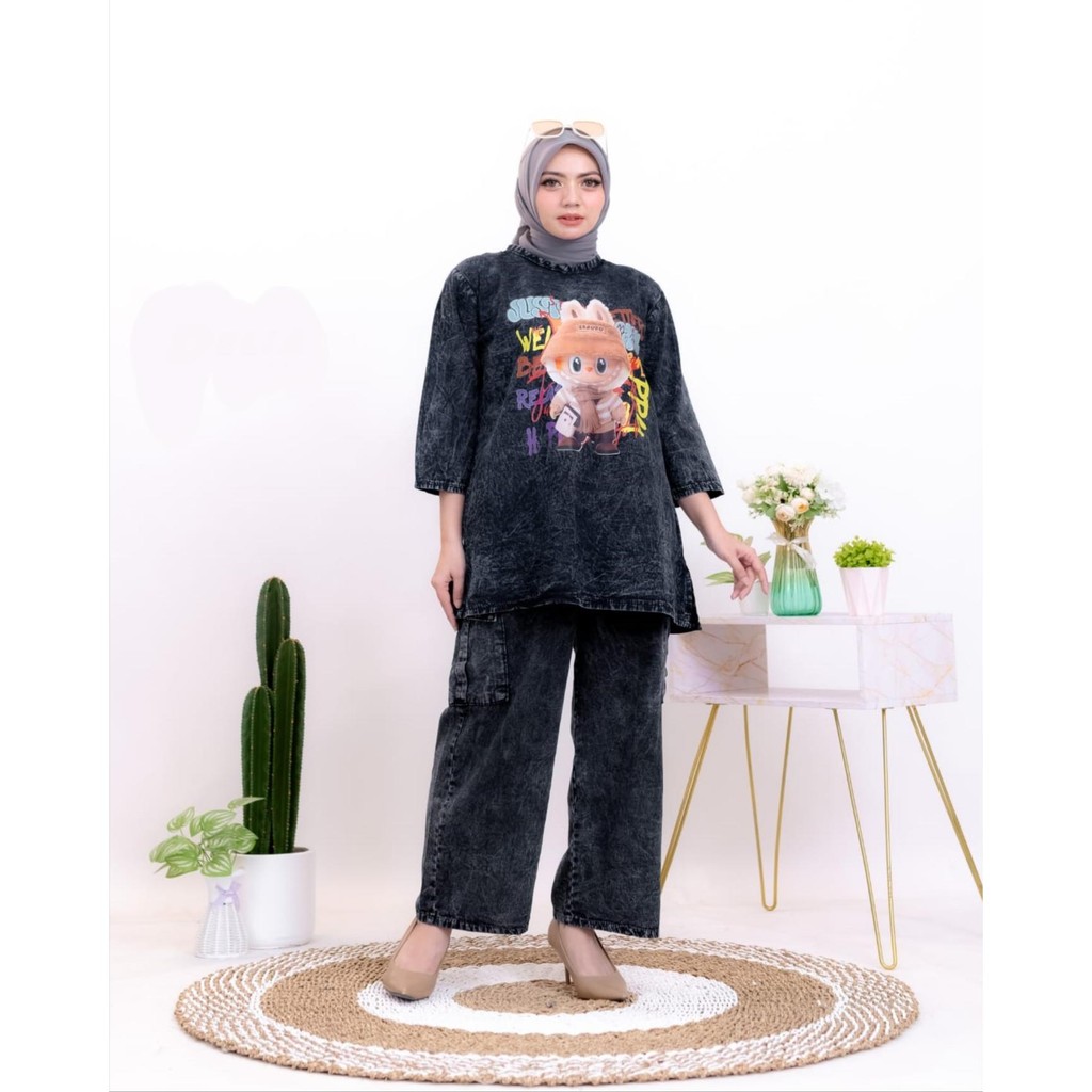 Baju Gamis Casual Wanita Dewasa Model Setelan Dress Labubu Liburan Viral Terlaris Jeans Denim Black 