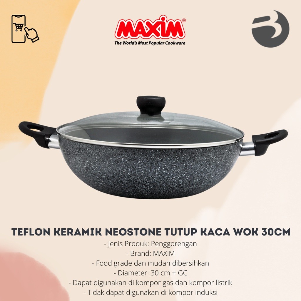 WAJAN TEFLON KERAMIK Neostone Anti Lengket TUTUP KACA WOK 30CM TERMURAH - MAXIM