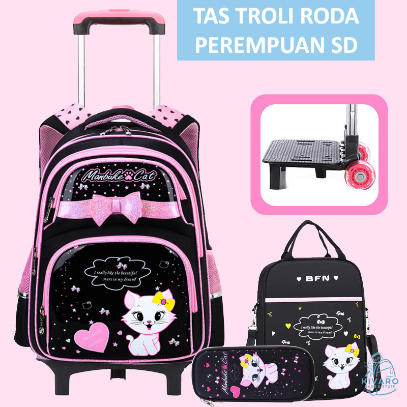 Tas Troli Roda Anak Perempuan SD Lepas Pasang Cat Black Pink Slingbag & Kotak Pensil | Kivaro 2818