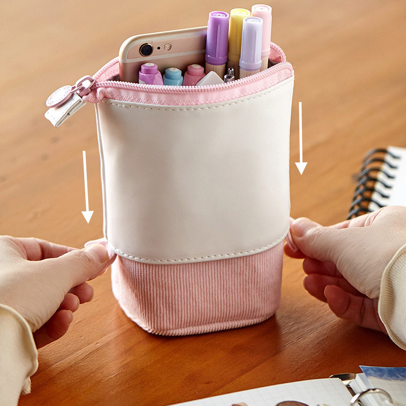 

Cute Standing Pencil Case Corduroy PU Fabric Stretch Pencil Pouch Pencilcase Pencil Bag School Supplies Stationery Pensil Box