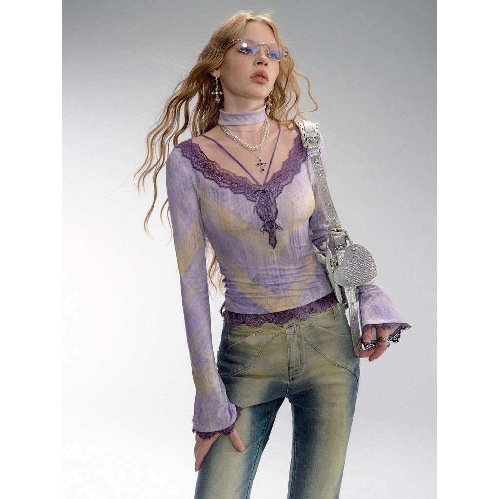 Amerika y2k ungu terhuyung-huyung renda kotak-kotak penyambungan T-shirt wanita musim semi dan musim