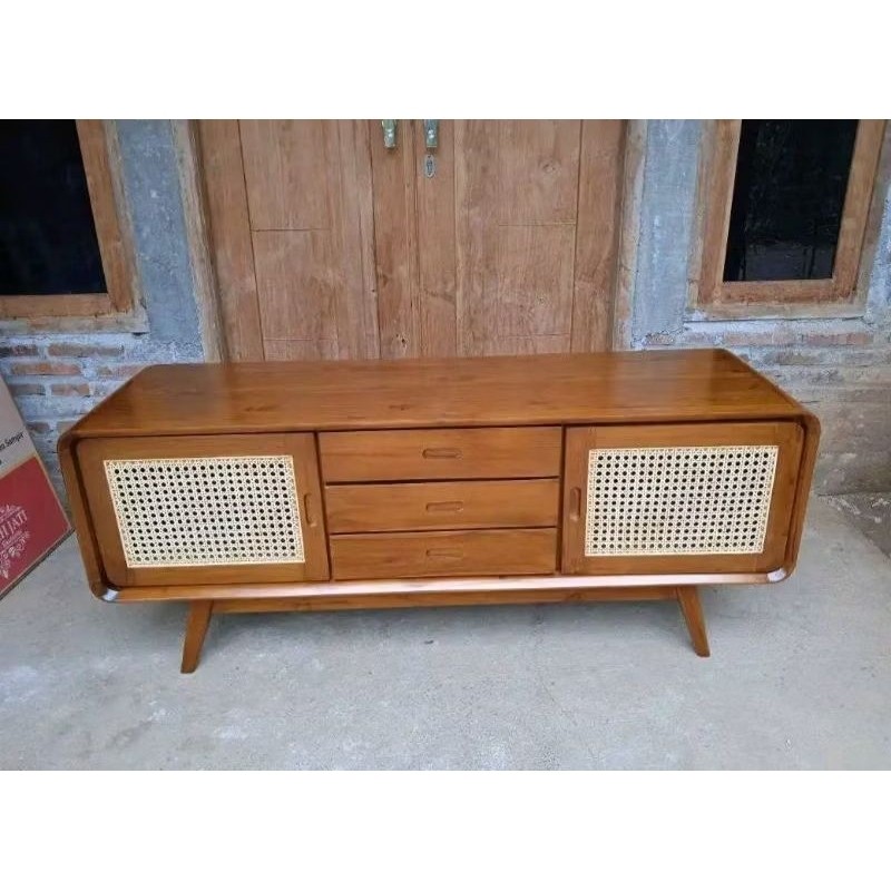 MEJA TV KOMBINASI ROTAN KAYU JATI