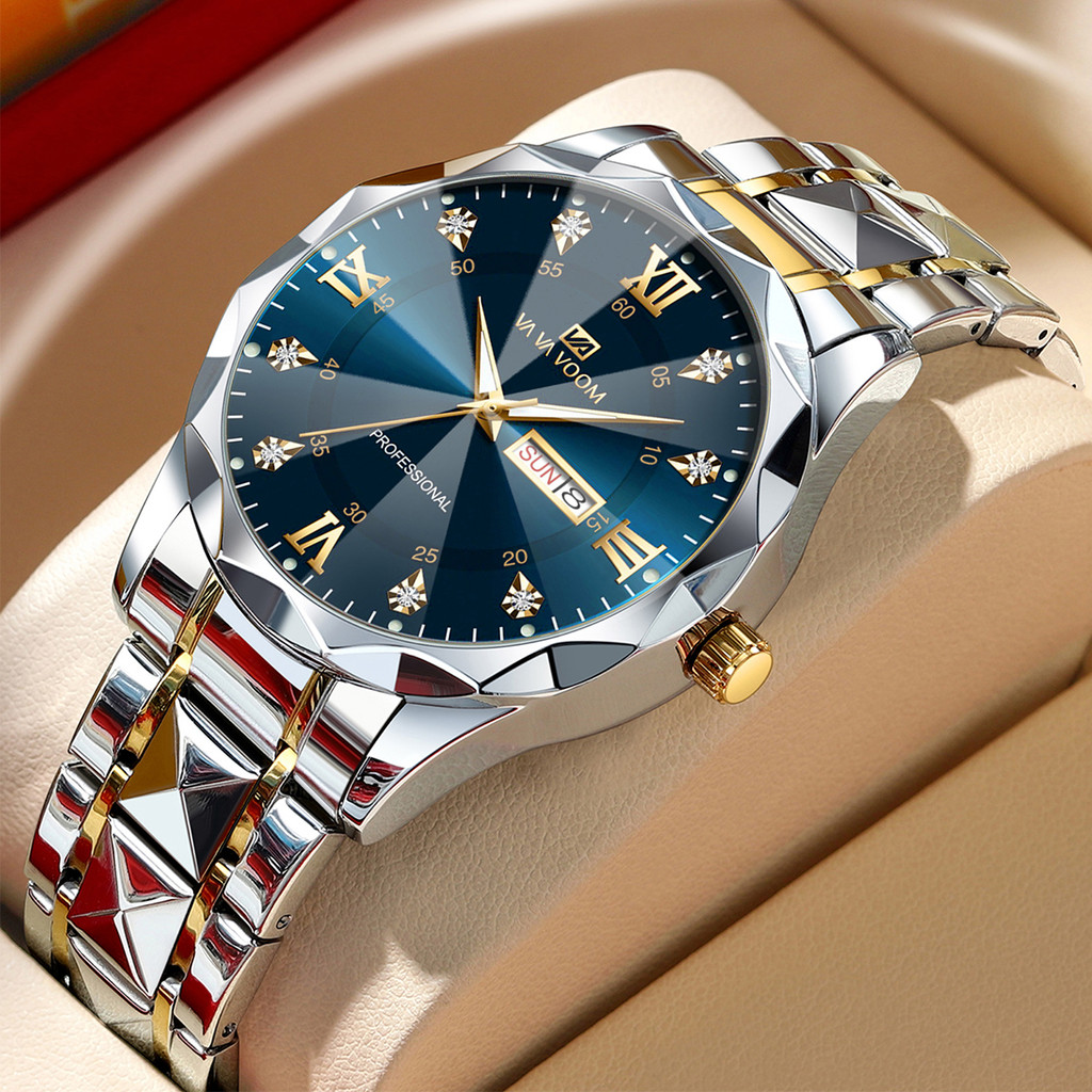 Men Watch Water amond Luxury Night Glow Double Calendar Quartz Movement 41mm Blue Gold Stainless Ste