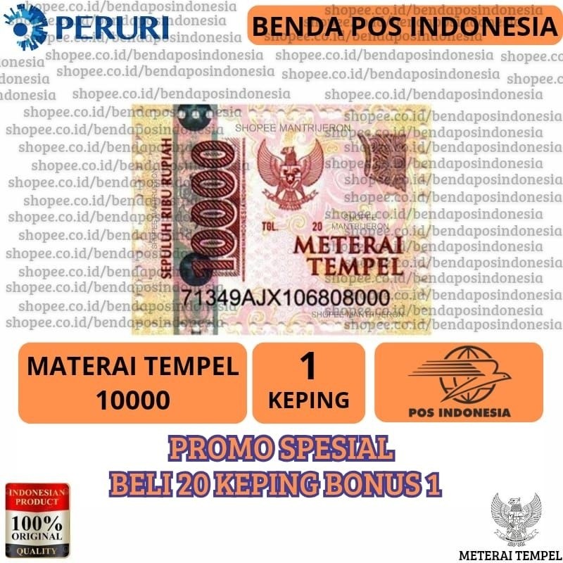

MATEREI 10000 - MATEREI 1 KEPING/ECER - MATEREI ASLI POS INDONESIA LOLOS UJI SINAR UV ULTRAVIOLET ( MATEREI BARU BUKAN BEKAS )