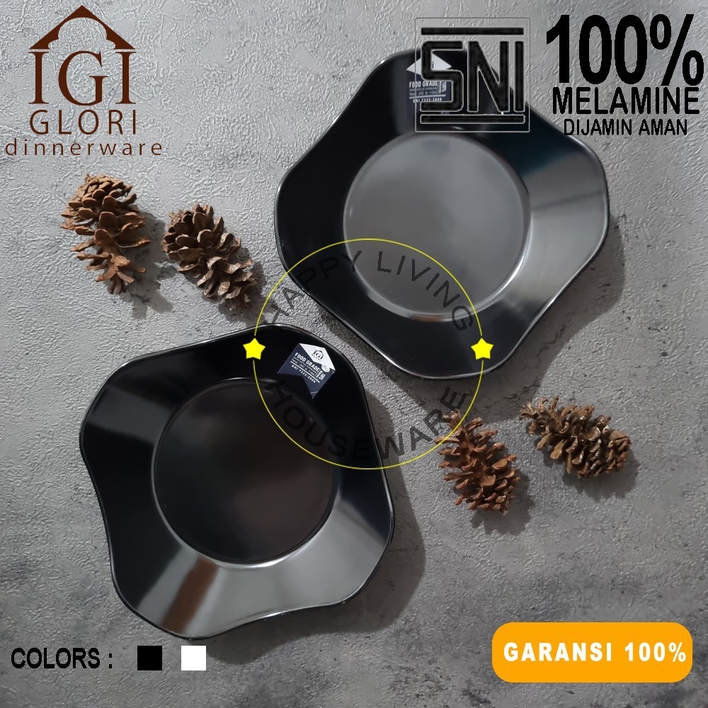 GLORI Premium Melamin 16x16x4cm Hitam Mangkok Makan Gelombang 7in Y4215